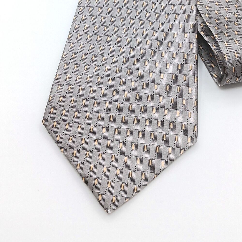 Alexander Lloyd Silk Tie Mens XL 63.5” Gray Yellow Geometric Designer Wide NWT